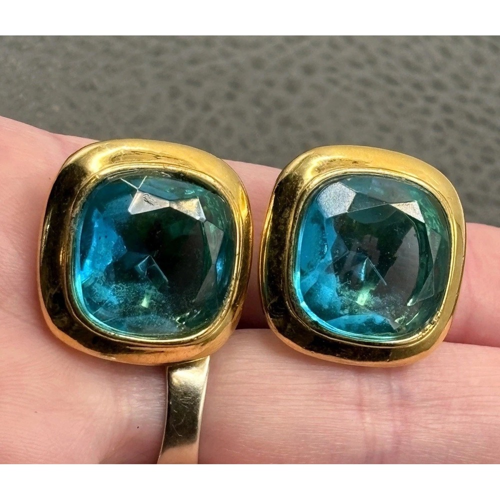 Vintage Replica Made In Italy Blue Rhinestone Chunky Clip-On Earrings Gold Tone